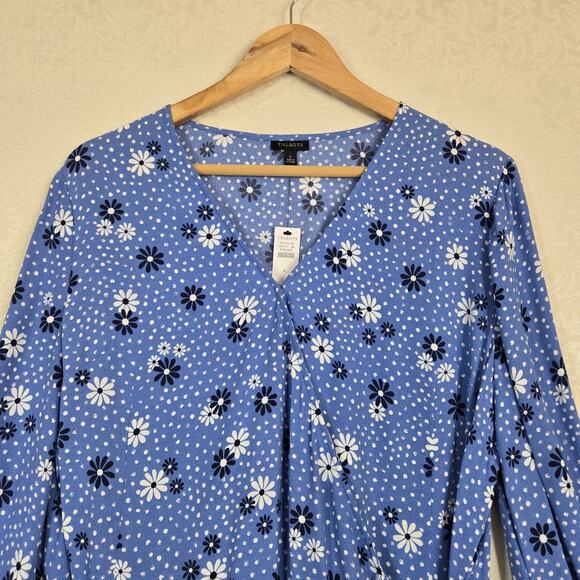 Talbots Poet Sleeve Faux Wrap Top sz L Blue White Flowers Dots Boho - Picture 3 of 15